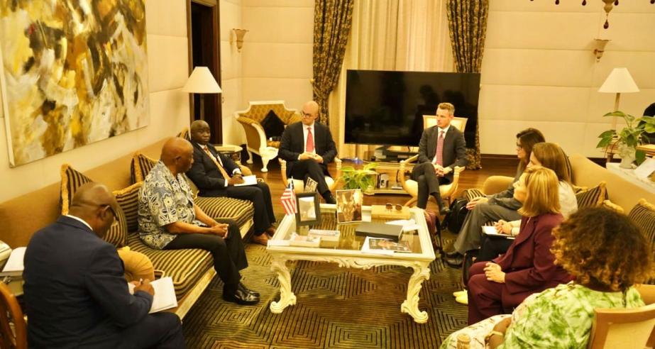 H.E. President Joseph Nyuma Boakai, Sr. (middle left) and senior Liberian Government officials (left) along with European Investment Bank leaders (right) at the meeting earlier today in Rome, Italy, October 15, 2024.