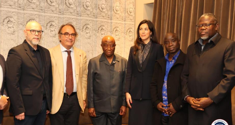 H.E. President Joseph Nyuma Boakai, Sr., (middle) and Liberian Government officials pose for a photo with leaders of the Italian Business Group, Confimea Mediterraneo, after a meeting in Rome, Italy, October 16, 2024