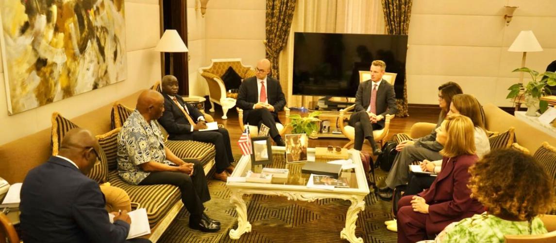 H.E. President Joseph Nyuma Boakai, Sr. (middle left) and senior Liberian Government officials (left) along with European Investment Bank leaders (right) at the meeting earlier today in Rome, Italy, October 15, 2024.