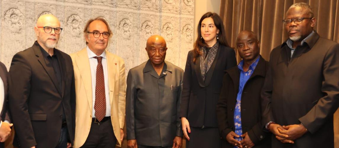 H.E. President Joseph Nyuma Boakai, Sr., (middle) and Liberian Government officials pose for a photo with leaders of the Italian Business Group, Confimea Mediterraneo, after a meeting in Rome, Italy, October 16, 2024