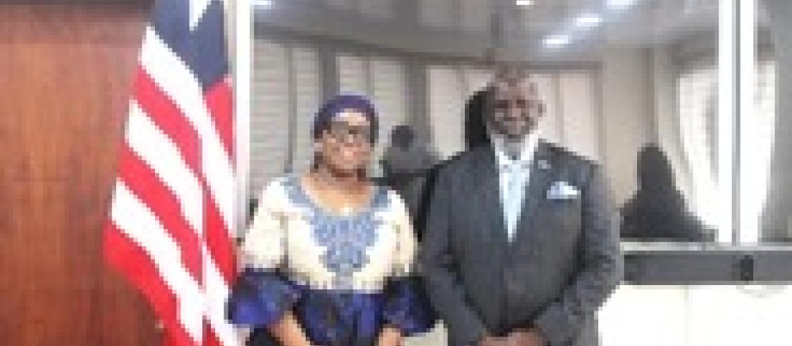 Minister of Foreign Affairs, H.E. Mme. Sara Beysolow Nyanti along with the new World Health Organization (WHO) Country Representative to Liberia, Dr. Olushayo Olu. 