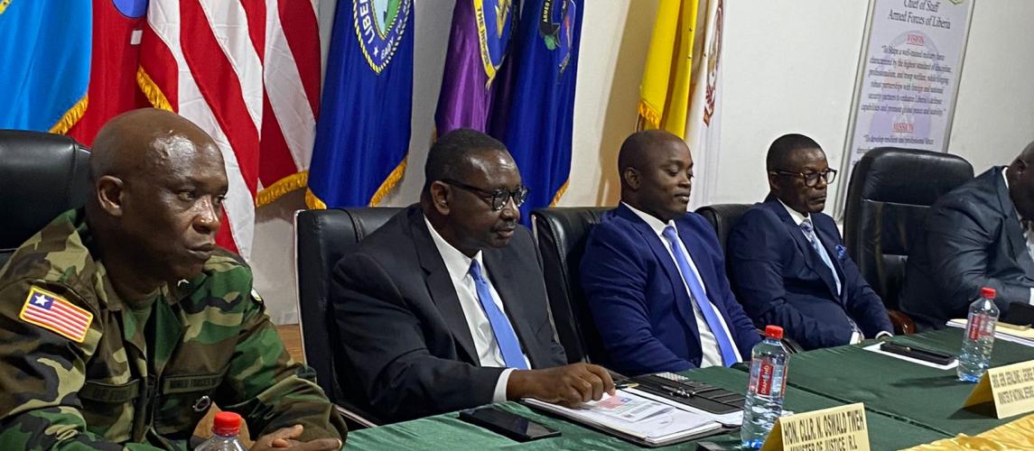 Cllr. Natu Oswald Tweh (second from left) making remarks at the opening of a 3-day Legal Conference organized by the Arm Forces of Liberia, October 28, 2024, at the Barclay Training Center. Photo credit: MoJ Cllr. Natu Oswald Tweh (second from left) making remarks at the opening of a 3-day Legal Conference organized by the Arm Forces of Liberia, October 28, 2024, at the Barclay Training Center. Photo credit: MoJ