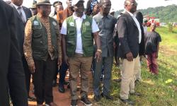 H.E President Joseph Nyumah Boakai accompanied by Agriculture Minister, Dr, J Alexander Nuetah , donor partners and GoL Officials, on a tour of the Fuamah Cooperative Rice farm site in Bong Mines, Bong County.